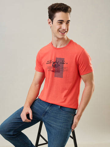 Tim Paris T-Shirt: Hot Coral Round Neck Graphic Print