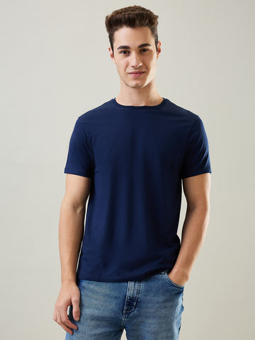 Tim Paris T-Shirt: Dress Blue Round Neck Solid