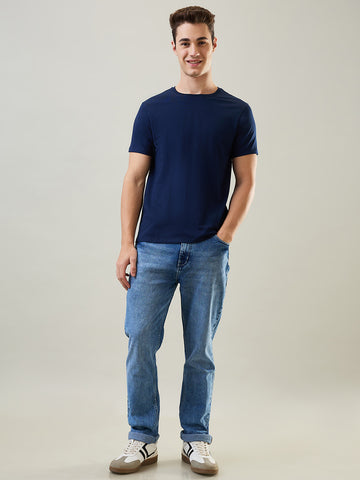 Tim Paris T-Shirt: Dress Blue Round Neck Solid