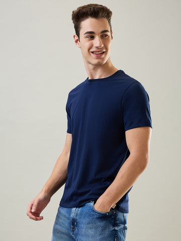 Tim Paris T-Shirt: Dress Blue Round Neck Solid