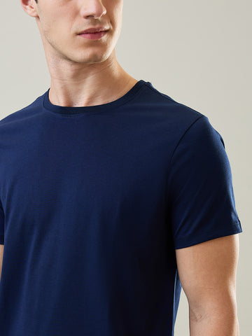 Tim Paris T-Shirt: Dress Blue Round Neck Solid