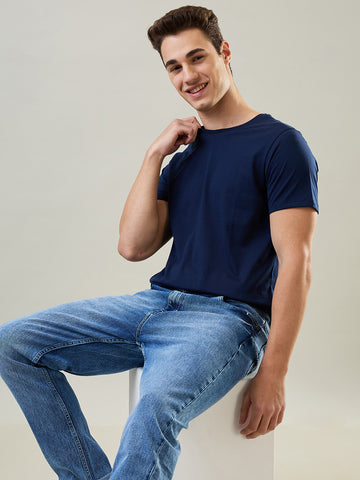 Tim Paris T-Shirt: Dress Blue Round Neck Solid