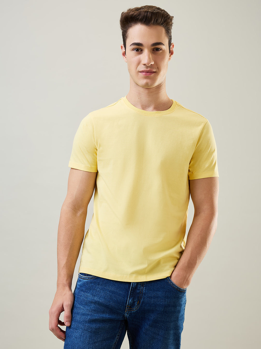 Tim Paris T-Shirt: Pale Banana Round Neck Solid