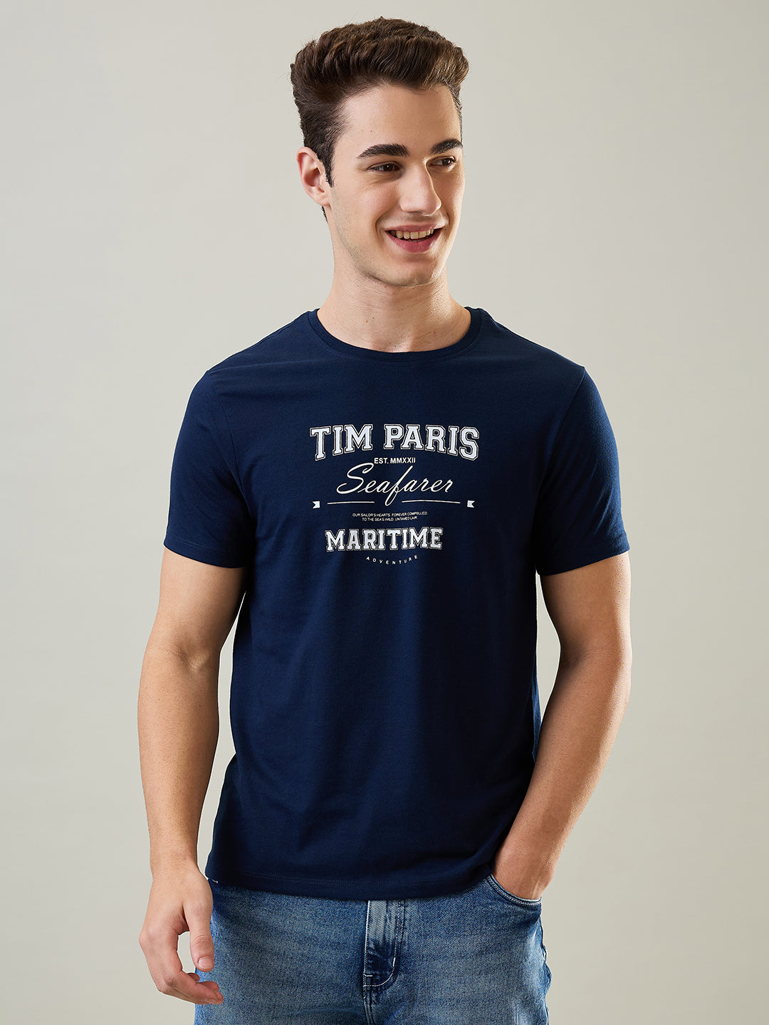 Tim Paris T-Shirt: Dress Blue Round Neck Graphic Print