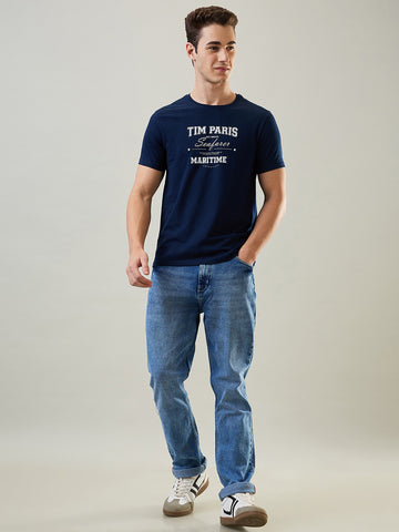 Tim Paris T-Shirt: Dress Blue Round Neck Graphic Print