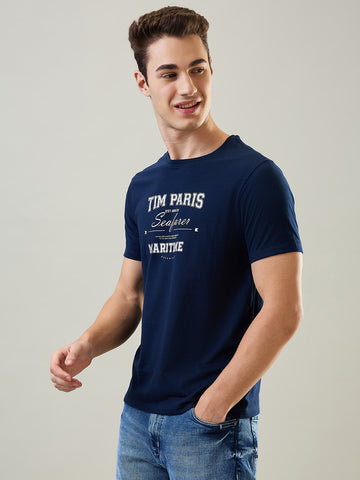 Tim Paris T-Shirt: Dress Blue Round Neck Graphic Print