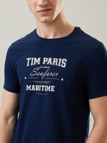 Tim Paris T-Shirt: Dress Blue Round Neck Graphic Print