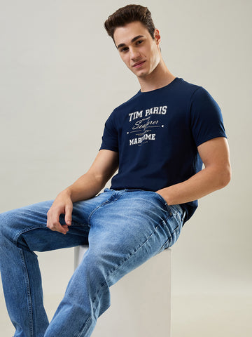 Tim Paris T-Shirt: Dress Blue Round Neck Graphic Print