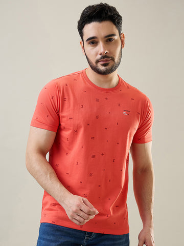 Tim Paris Men's Hot Coral Round Neck AOP Print T-Shirt