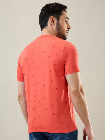 Tim Paris Men's Hot Coral Round Neck AOP Print T-Shirt