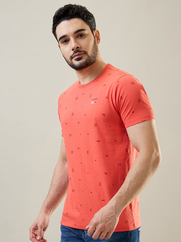 Tim Paris Men's Hot Coral Round Neck AOP Print T-Shirt