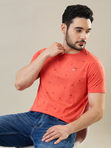 Tim Paris Men's Hot Coral Round Neck AOP Print T-Shirt