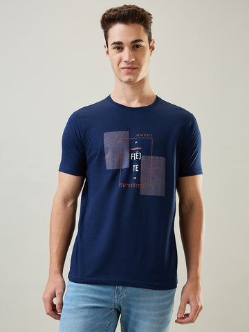 Tim Paris T-Shirt: Dress Blue Round Neck Graphic Print