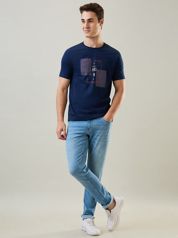 Tim Paris T-Shirt: Dress Blue Round Neck Graphic Print