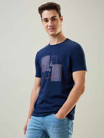 Tim Paris T-Shirt: Dress Blue Round Neck Graphic Print