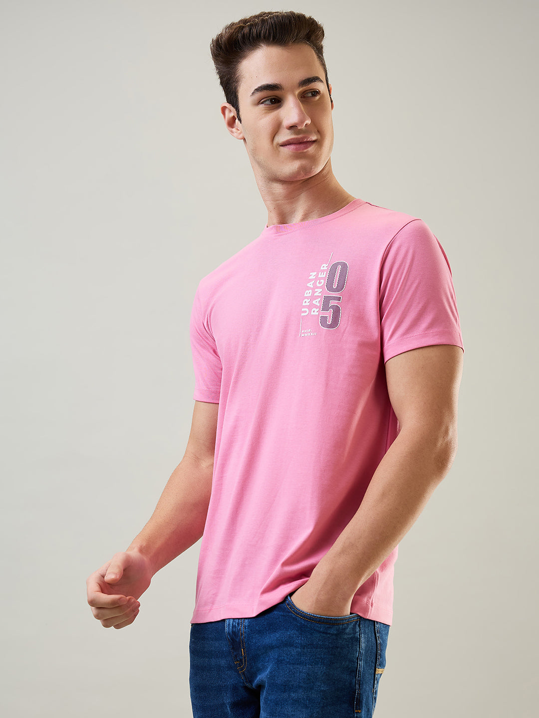 Tim Paris Men's Sea Pink Round Neck Graphic Print T-Shirt