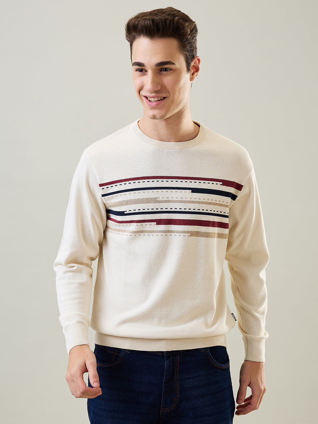 Tim Paris Pullover: Egret Round Neck Stripe